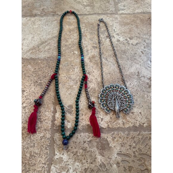 Bohemian Peacock Pendant Necklace & Beaded Tassel Necklace Set - Picture 1 of 8